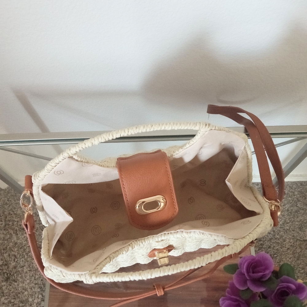 Woven Straw Beige Top Handle Satchel Crossbody Handbag Purse for Summer - Picture 5 of 9